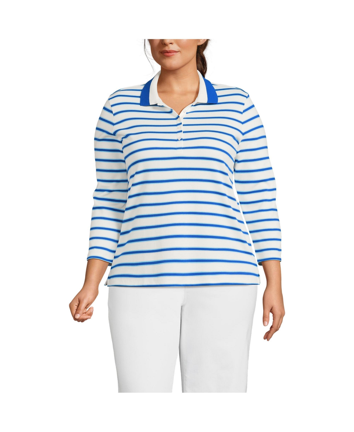 Plus Size Supima Cotton 3/4 Sleeve Polo Shirt - Sapphire gem stripe/tipped