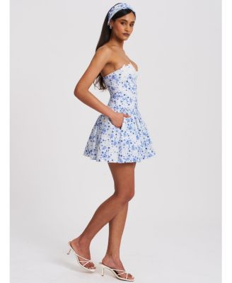 Women's Taleah Blue Floral Print Linen Mini Dress with Lace Trim