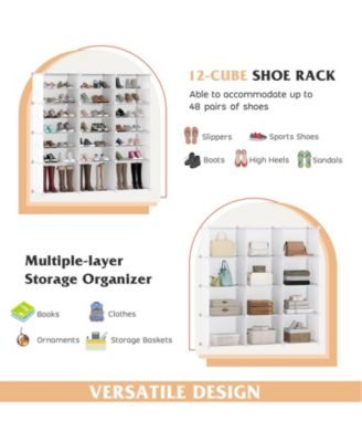 Portable Shoe Rack Organizer 12-Cube 48 Pair Shoe Shelf Storage Cabinet w/Hook