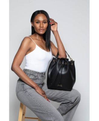 Madison Drawstring Leather Bucket Bag in Black