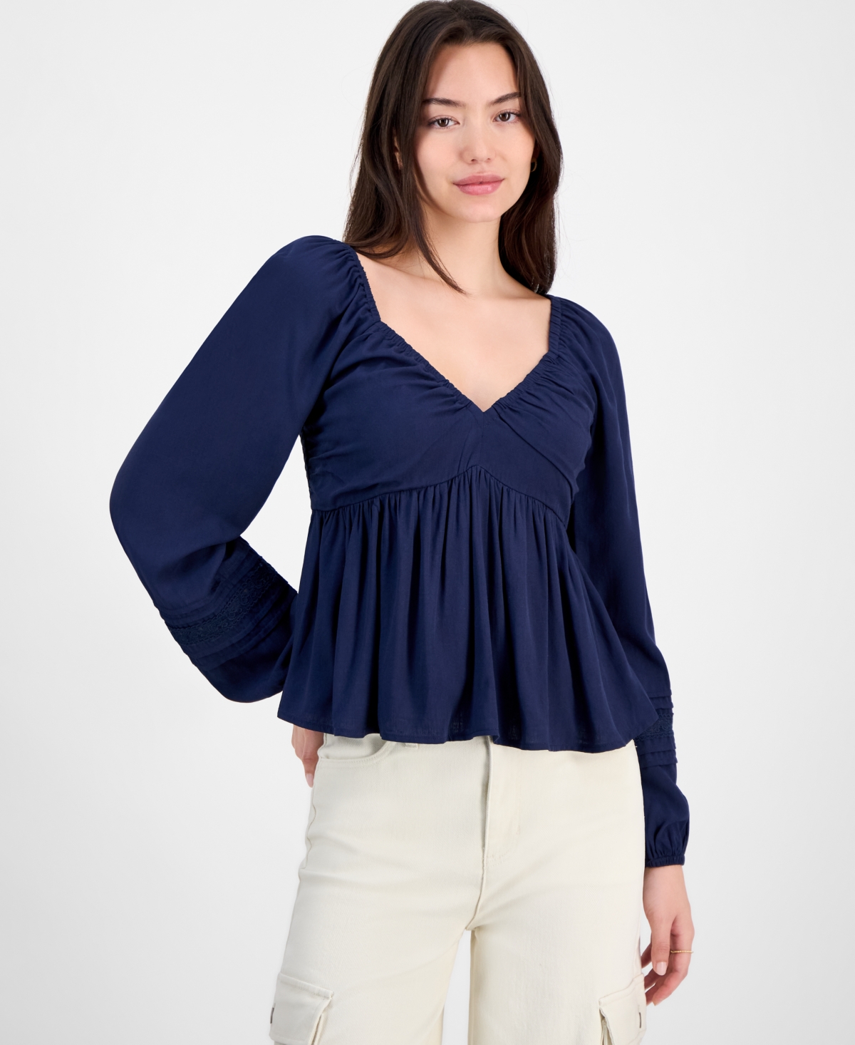 Self Esteem Juniors' Ruched V-neck Lace-inset Blouse In Blue