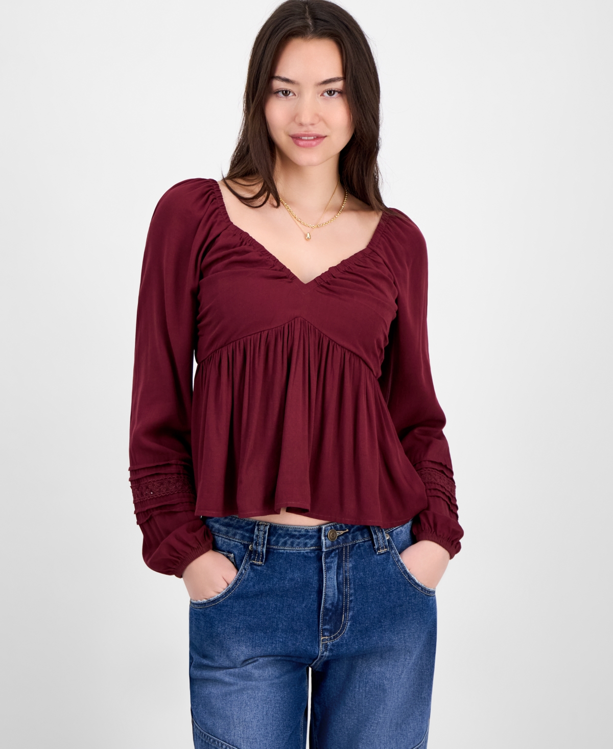 Self Esteem Juniors' Ruched V-neck Lace-inset Blouse In Brown