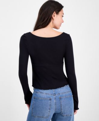 Juniors' Solid V-Neck Rib Knit Long Sleeve