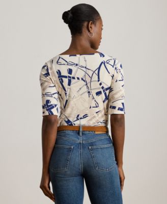 Petite Belting-Print Cotton Boatneck Tee