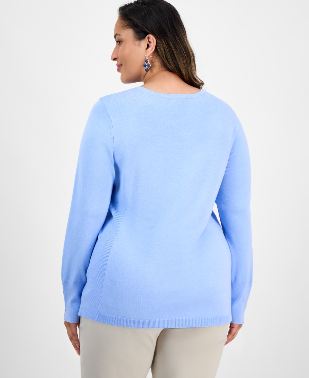Jm Collection Plus Size Crewneck Long-sleeve Sweater, Macy's Exclusive In Blue
