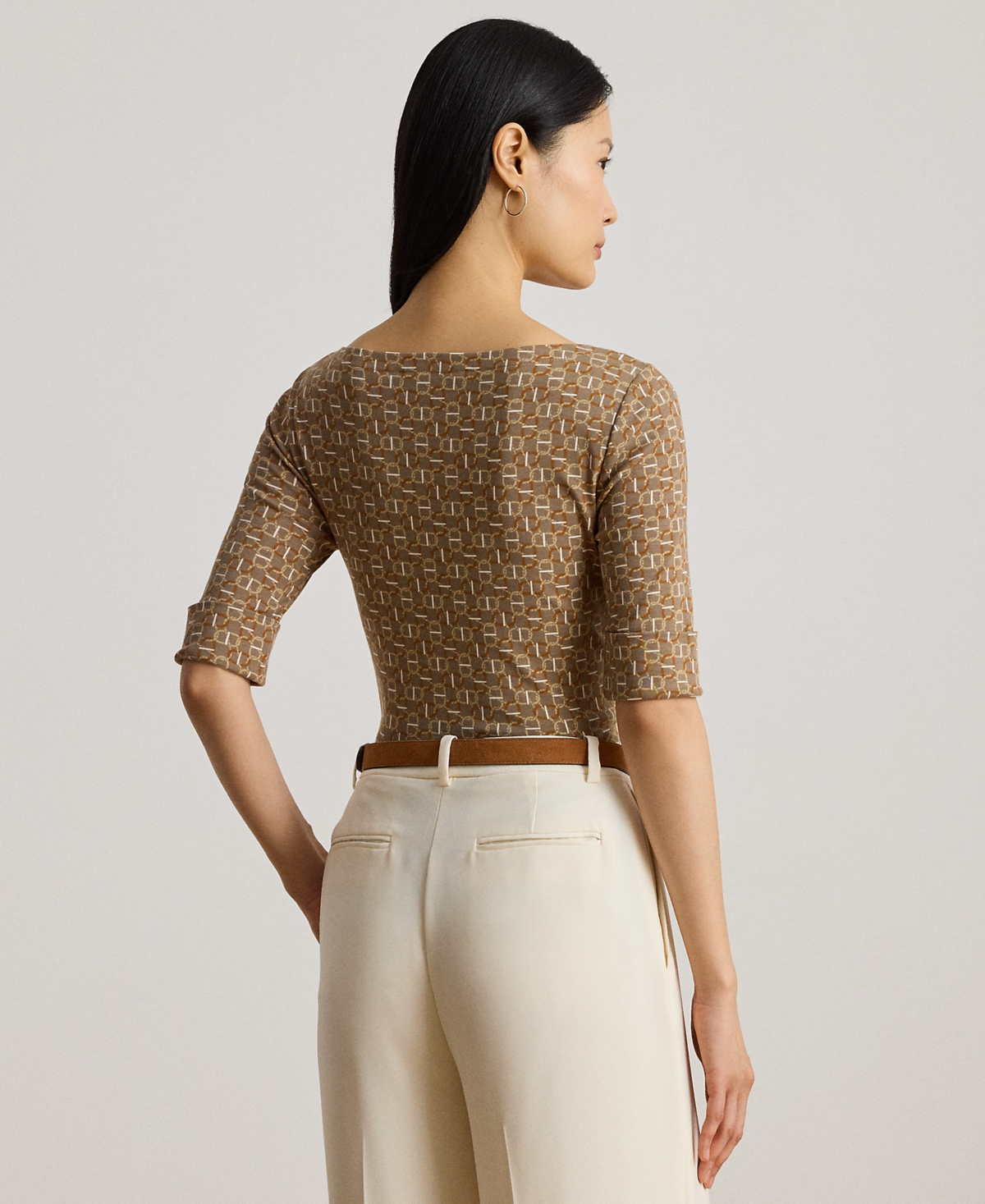 Ralph Lauren Petite Geo-print Stretch Cotton Boatneck Tee In Multi
