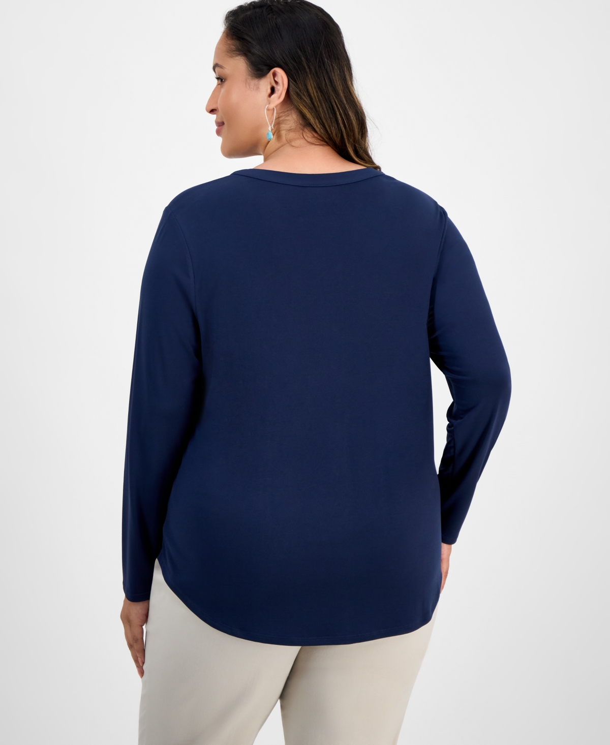 Jm Collection Plus Size Solid V-neck Long-sleeve Top, Macy's Exclusive In Blue