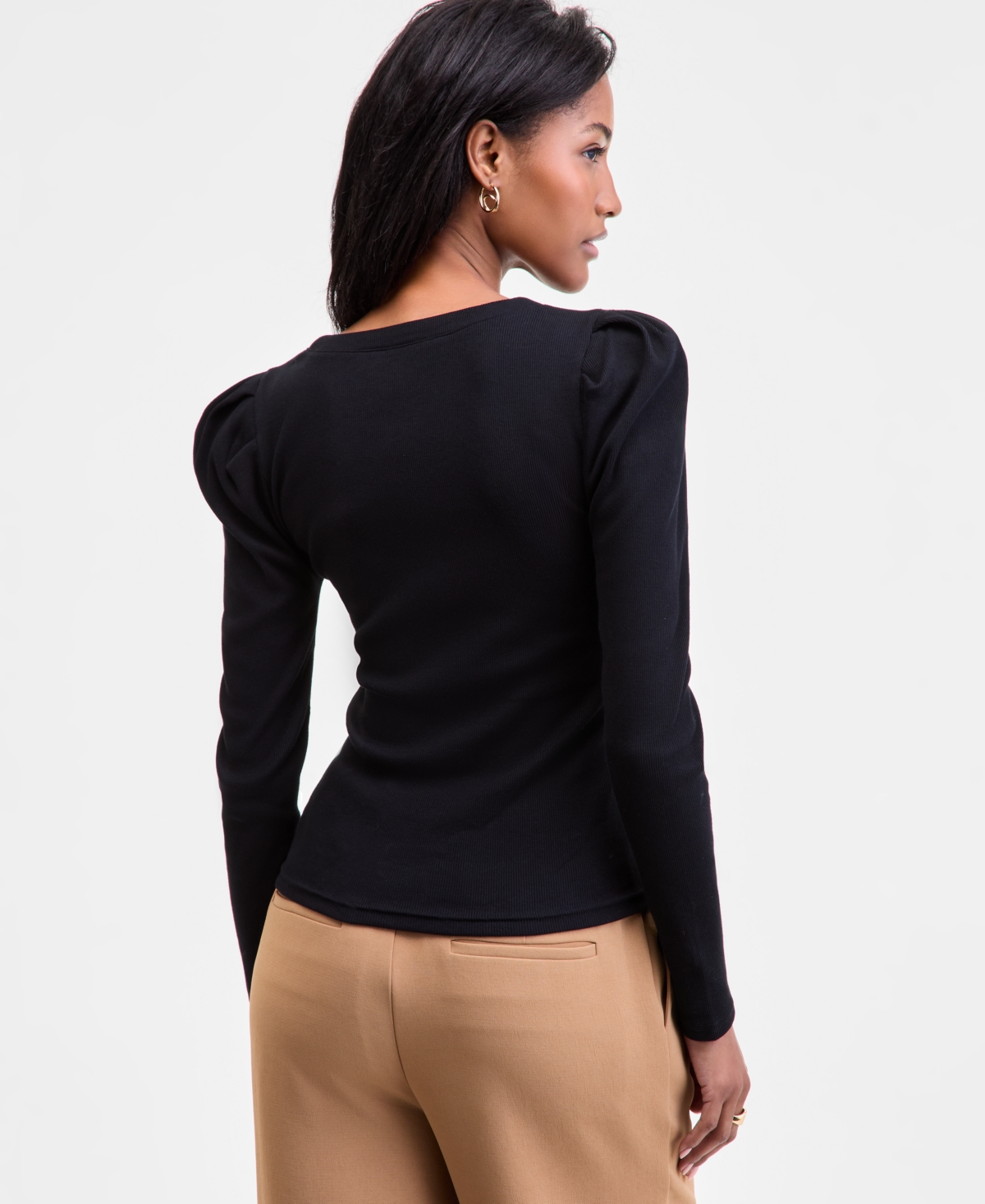 On 34th Womens Puff Shoulder Long Sleeve Henley T Shirt Xxs 4x Macys Exclusive In Black