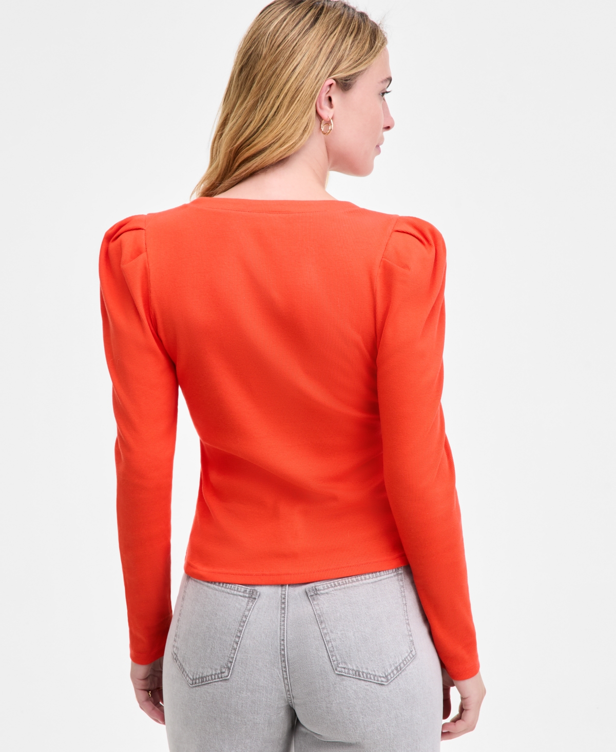 On 34th Women's Puff-shoulder Long-sleeve Henley T-shirt, Macy's Exclusive In Orange