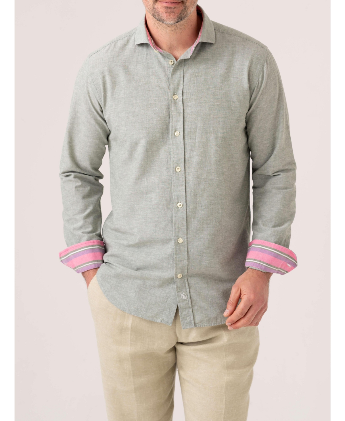 Men's Crocodile Long Sleeve Linen Shirt - Crocodile green