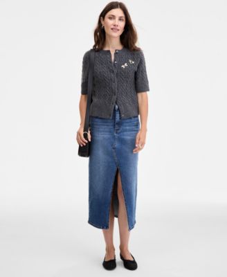 Women's Short-Sleeve Embellished Cable-Knit Cardigan, Macy's Exclusive