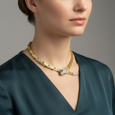 14K Gold Plated with Green Cubic Zirconia Snake-Inspired Collar Necklace