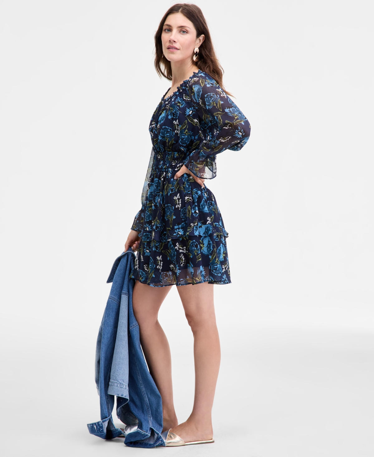 On 34th Women's Printed Smocked Ruffle Chiffon Mini Dress, Macy's Exclusive In Blue