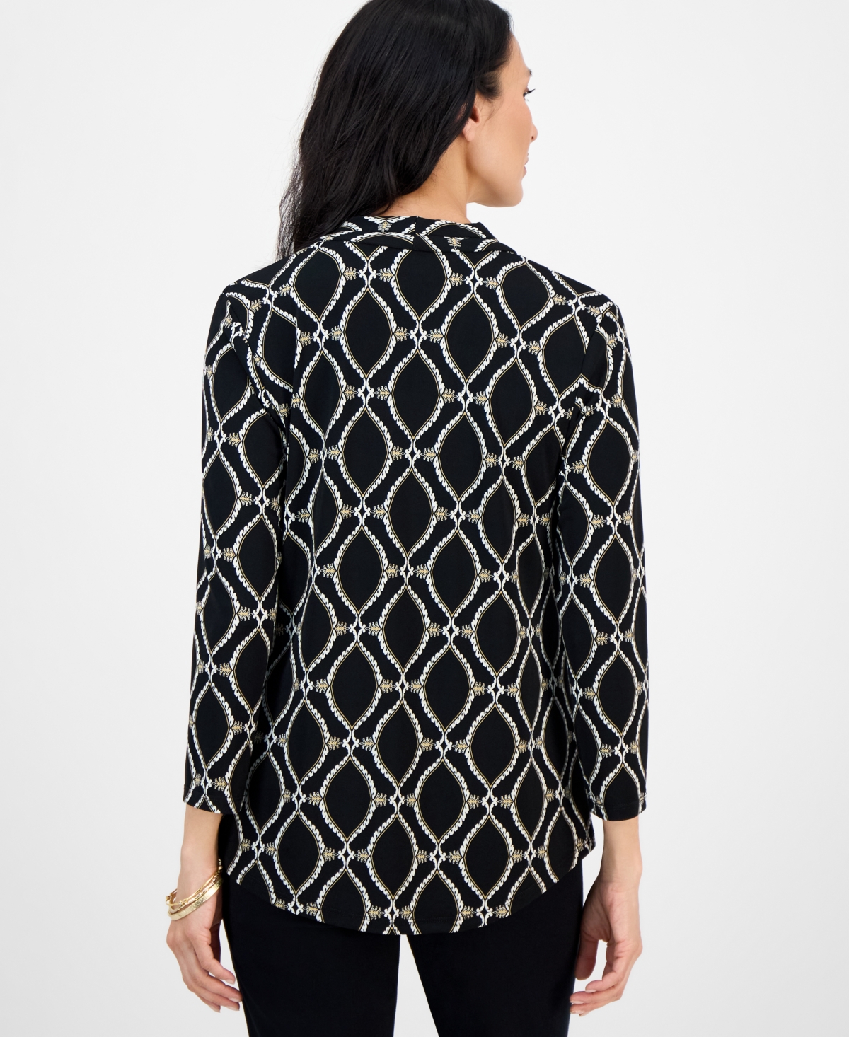 Jm Collection Petite Anita Ornate Printed 3/4-sleeve Top, Macy's Exclusive In Black