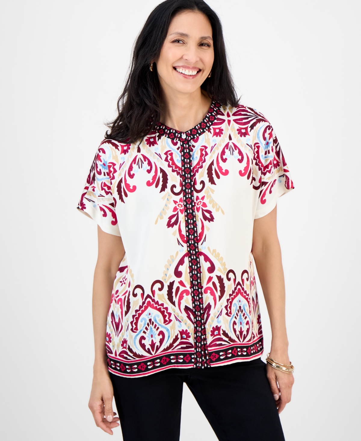 Jm Collection Petite Damask Placed-print Blouse, Macy's Exclusive In White