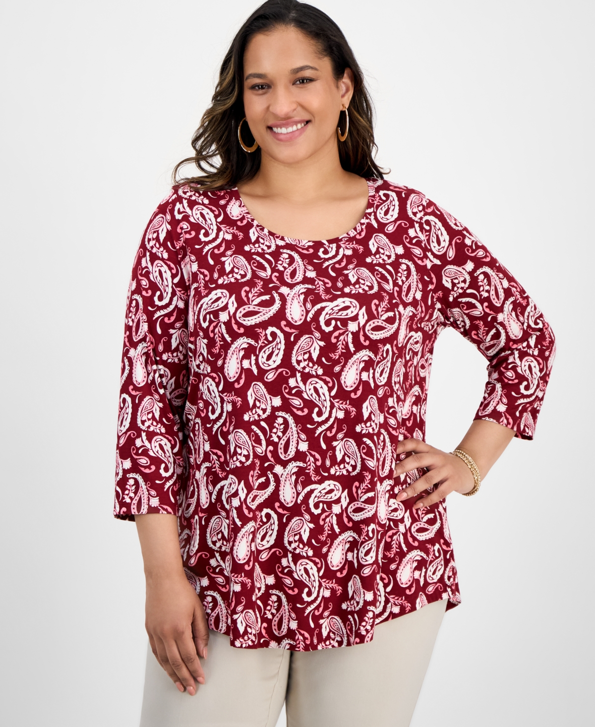 Jm Collection Plus Size Printed Scoop-neck 3/4-sleeve Top In Multi