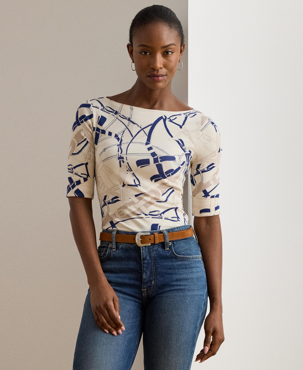 Ralph Lauren Womens Belting Print Cotton Boatneck Tee P Xs Xxl In Neutral