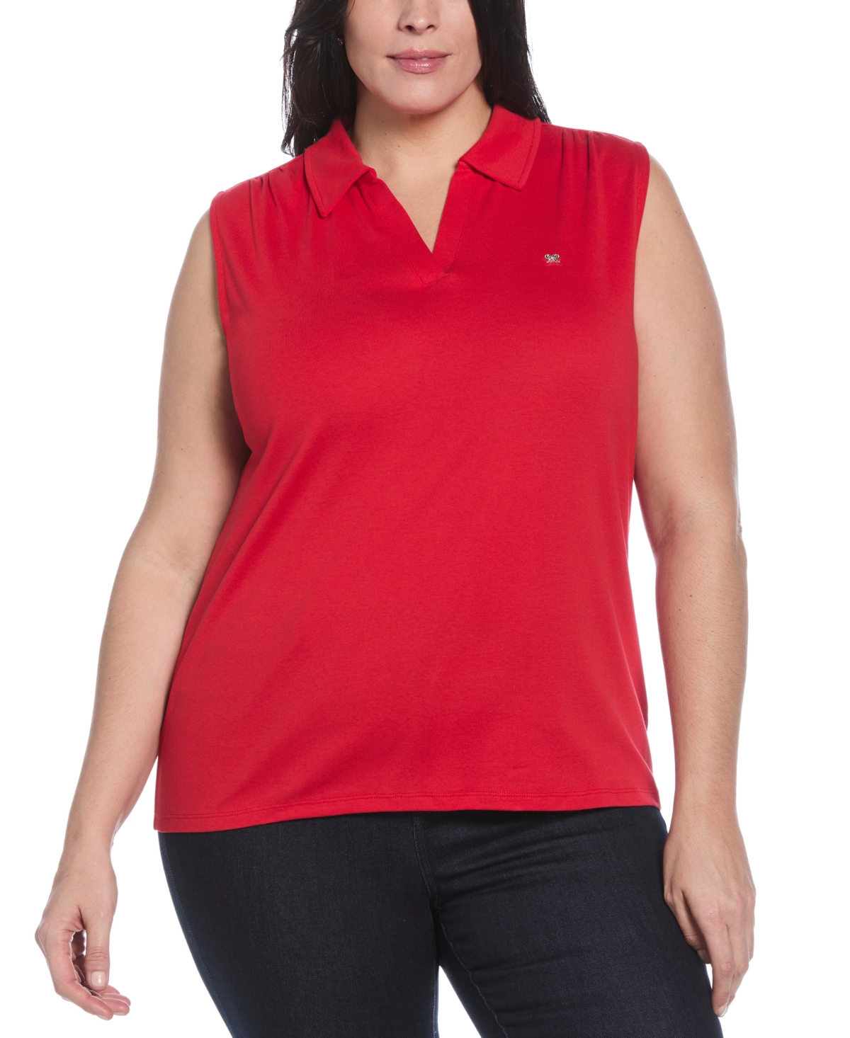 Plus Size Ribbed V-Neck Sleeveless Polo T-Shirt - Salsa