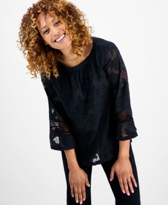 Women's Jacquard Lace-Trim Blouse, Exclusively at Macy's