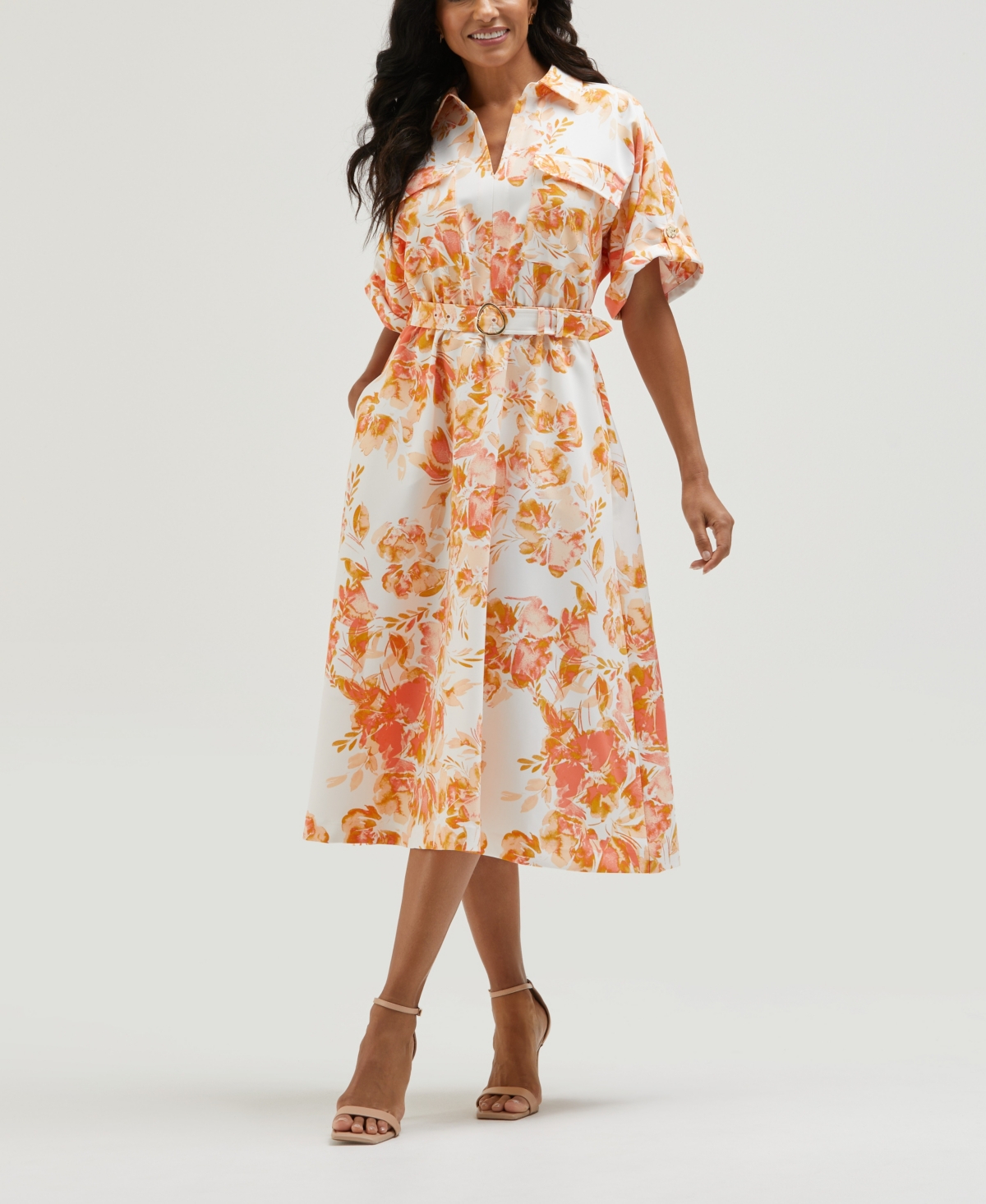 Petite Floral Print Utility Short Sleeve Shirt Dress - Coral