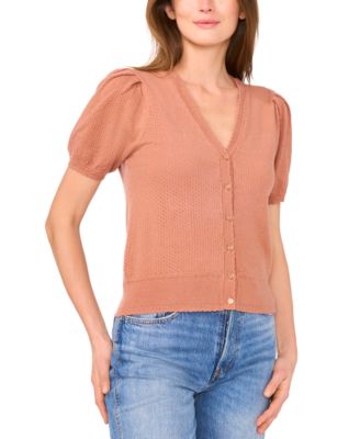 CeCe - Women's Pointelle-Stitch Short-Sleeve V-Neck Cardigan