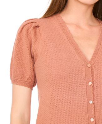Women's Pointelle-Stitch Short-Sleeve V-Neck Cardigan