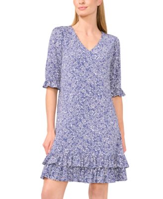 Women's Printed V-Neck Tiered-Ruffle-Trim Dress
