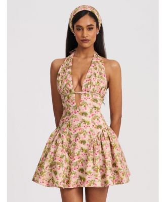 Women's Mackenzie Green and Pink Floral Print Halter Linen Mini Dress