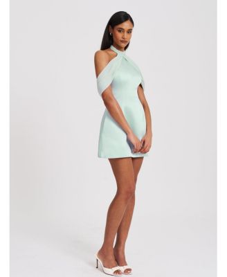 Women's Zafrina Light Cyan Halter Off-shoulder Backless Mini Dress