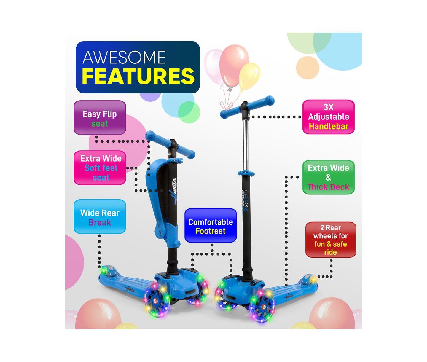 Детская игрушка Hurtle 3-Wheeled Sit or Stand Scooter with LED Wheel Lights and Lean-to-Steer, 45 lb Capacity, Ages 1+ — фото 5