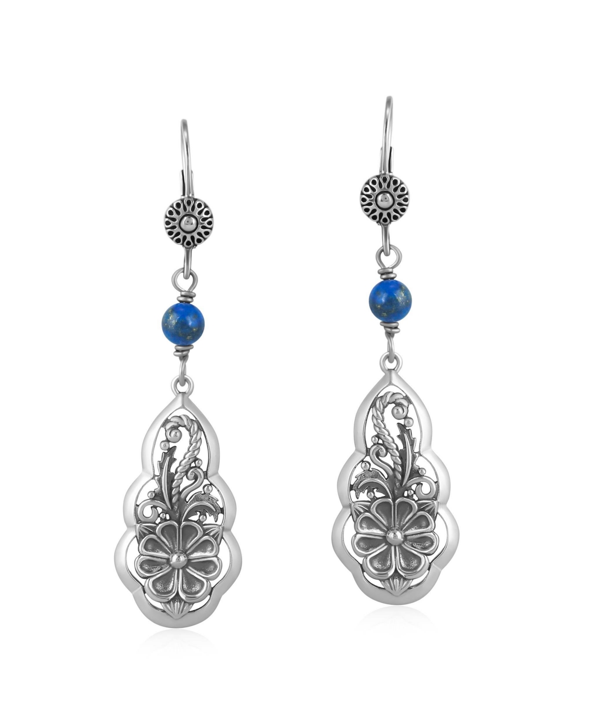 Sterling Silver Lapis Flower Gemstone Bead Lever Back Earrings