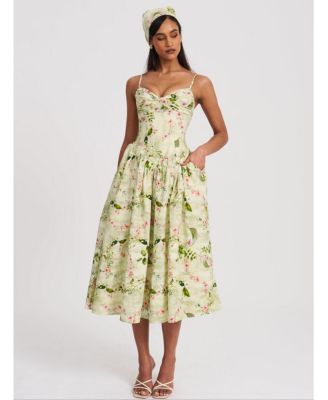 Women's Jacinda Green Floral Print Ruched Breast Linen Midi Dress
