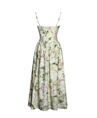 Women's Jacinda Green Floral Print Ruched Breast Linen Midi Dress