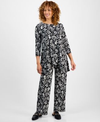 Jm Collection Womens Printed 3 4 Sleeve Swing Top Pull On Pants In Multi