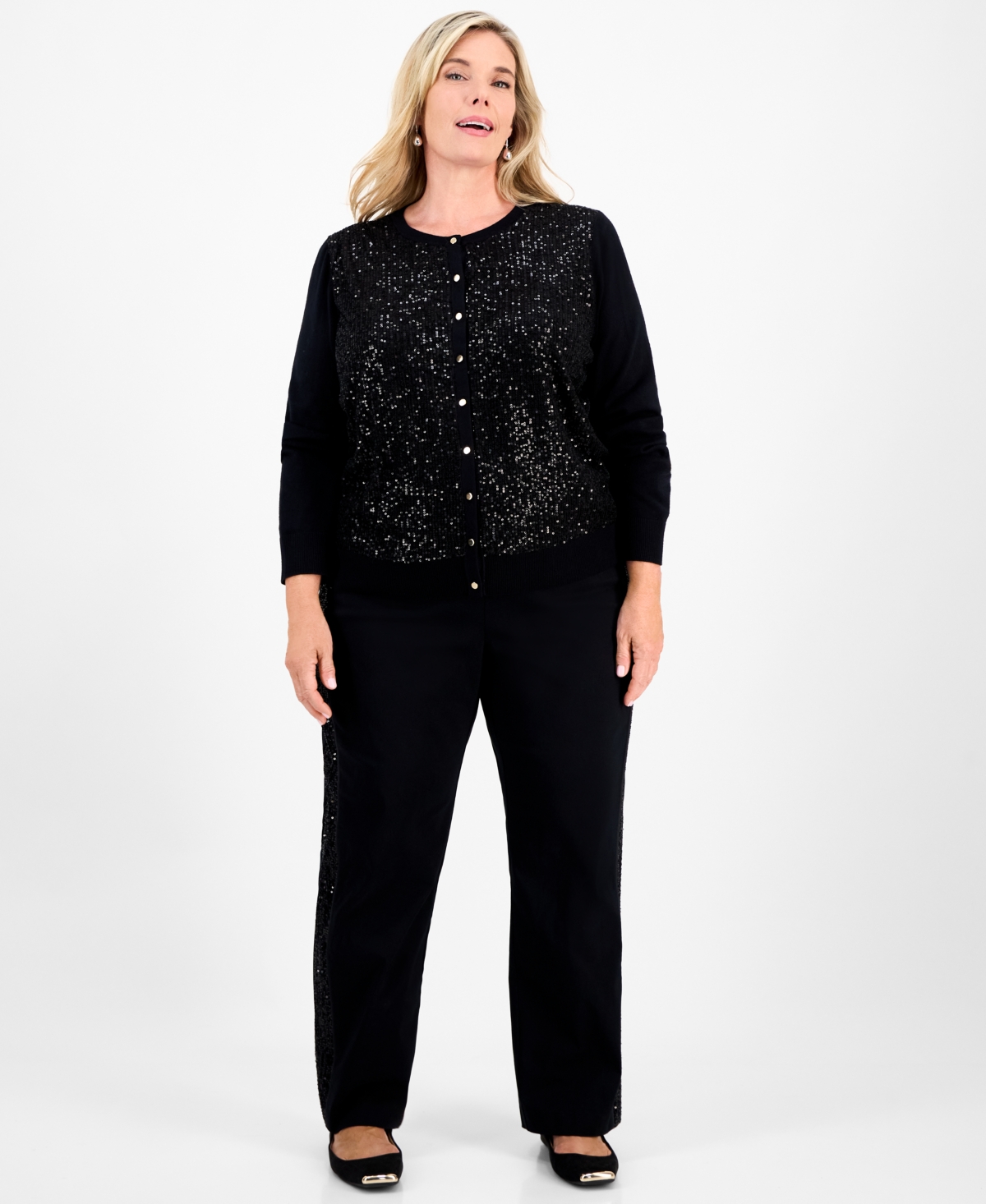 Jm Collection Plus Size Sequin Embellished Button-front Cardigan, Macy's Exclusive In Black