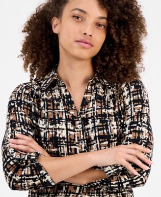 Petite Printed 3/4-Sleeve Roll-Tab Collared Top