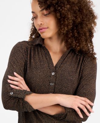 Petite 3/4-Sleeve Roll-Tab Collared Top