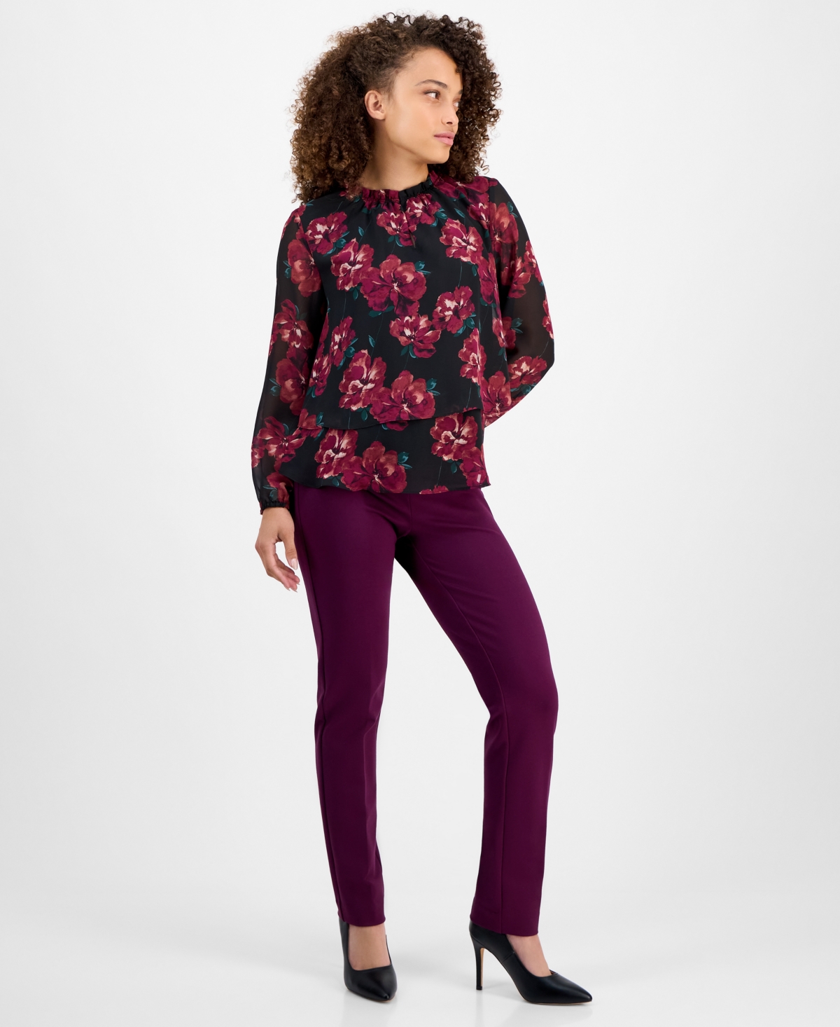 Ak Anne Klein Petite Floral-print Tiered Blouse In Multi