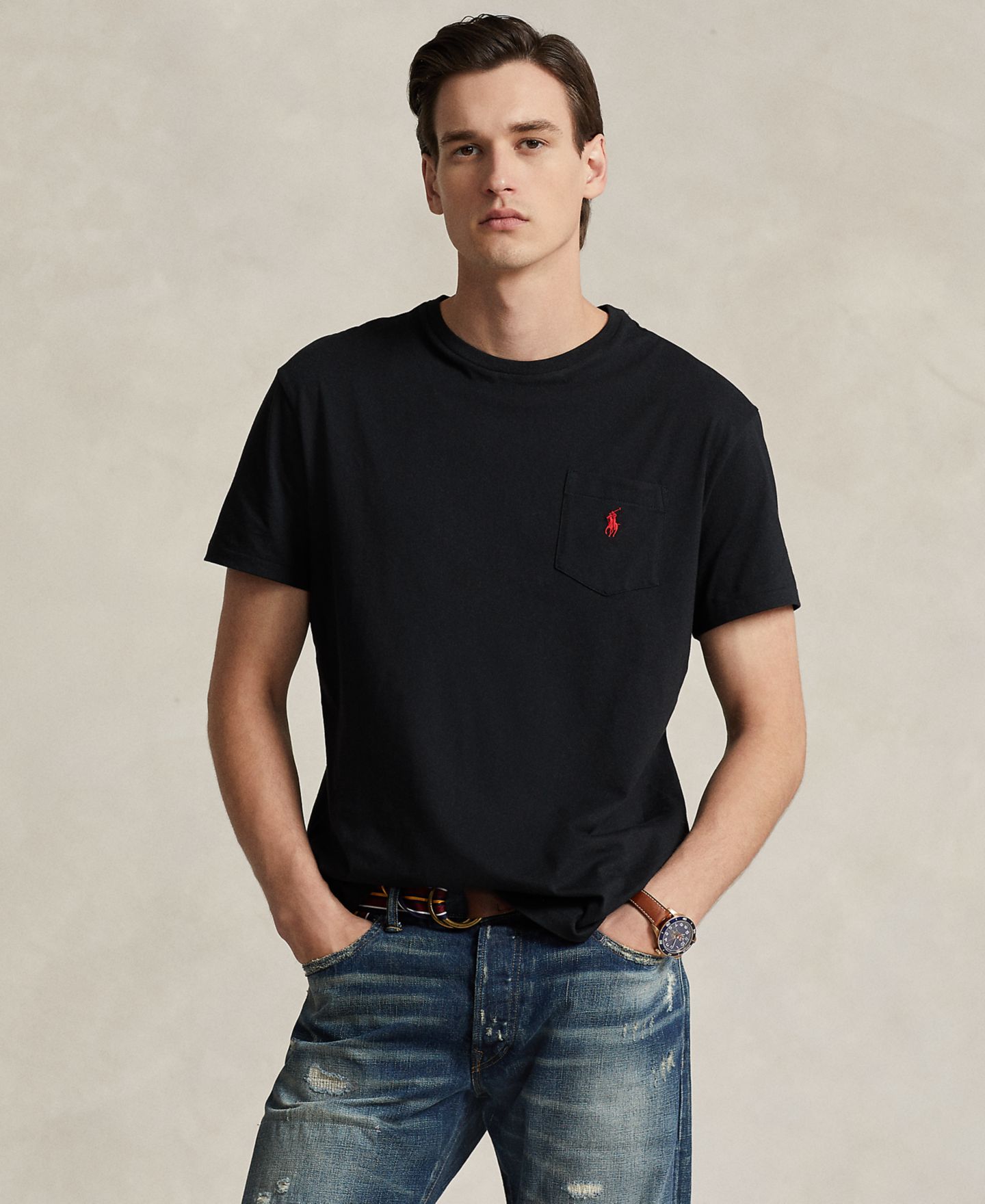Мужская футболка Polo Ralph Lauren Classic-Fit Crewneck Pocket, цвет: Чёрный — фото 1