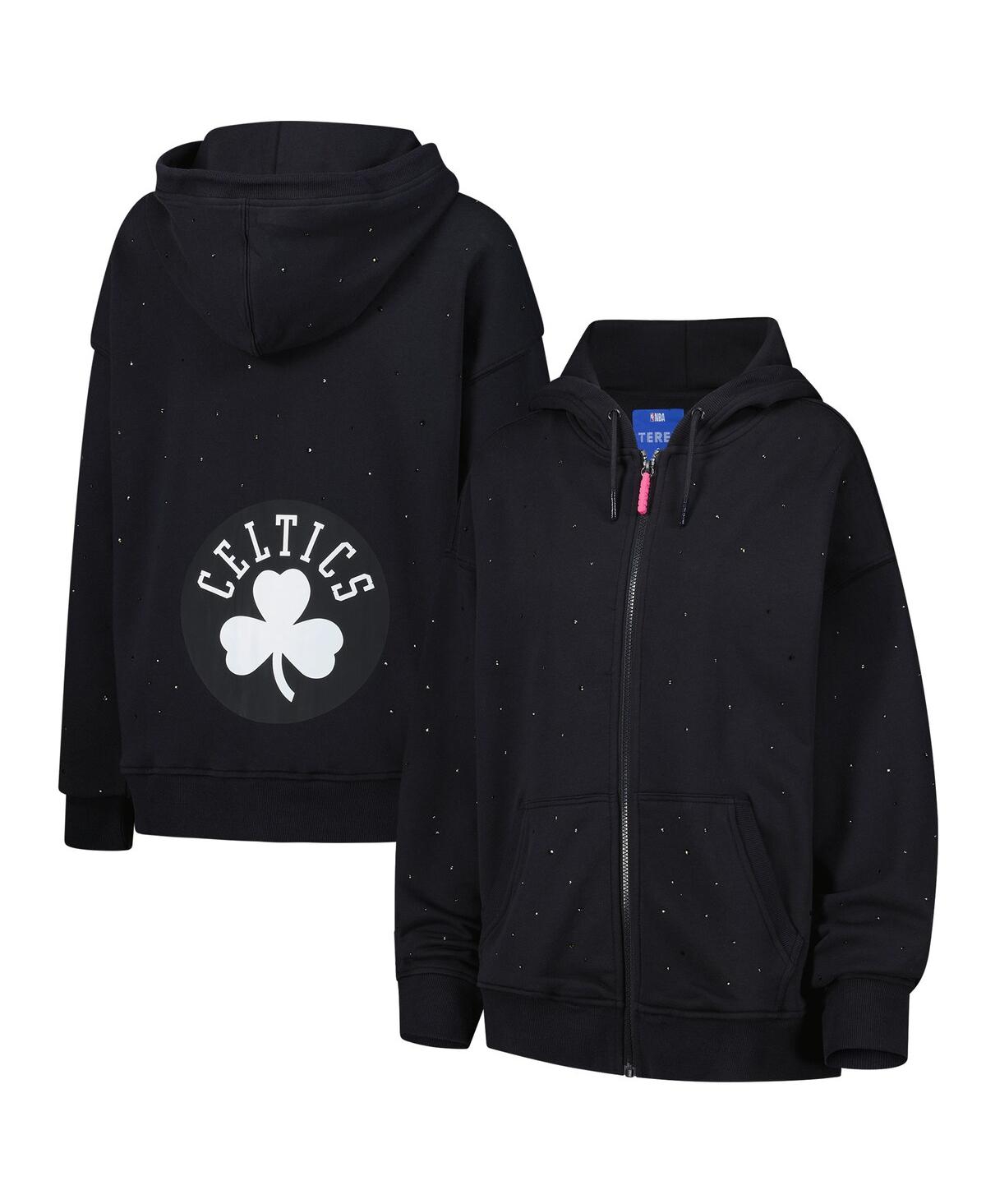 Women's Black Boston Celtics Oversized Allover Gemstone Full-Zip Hoodie - Black