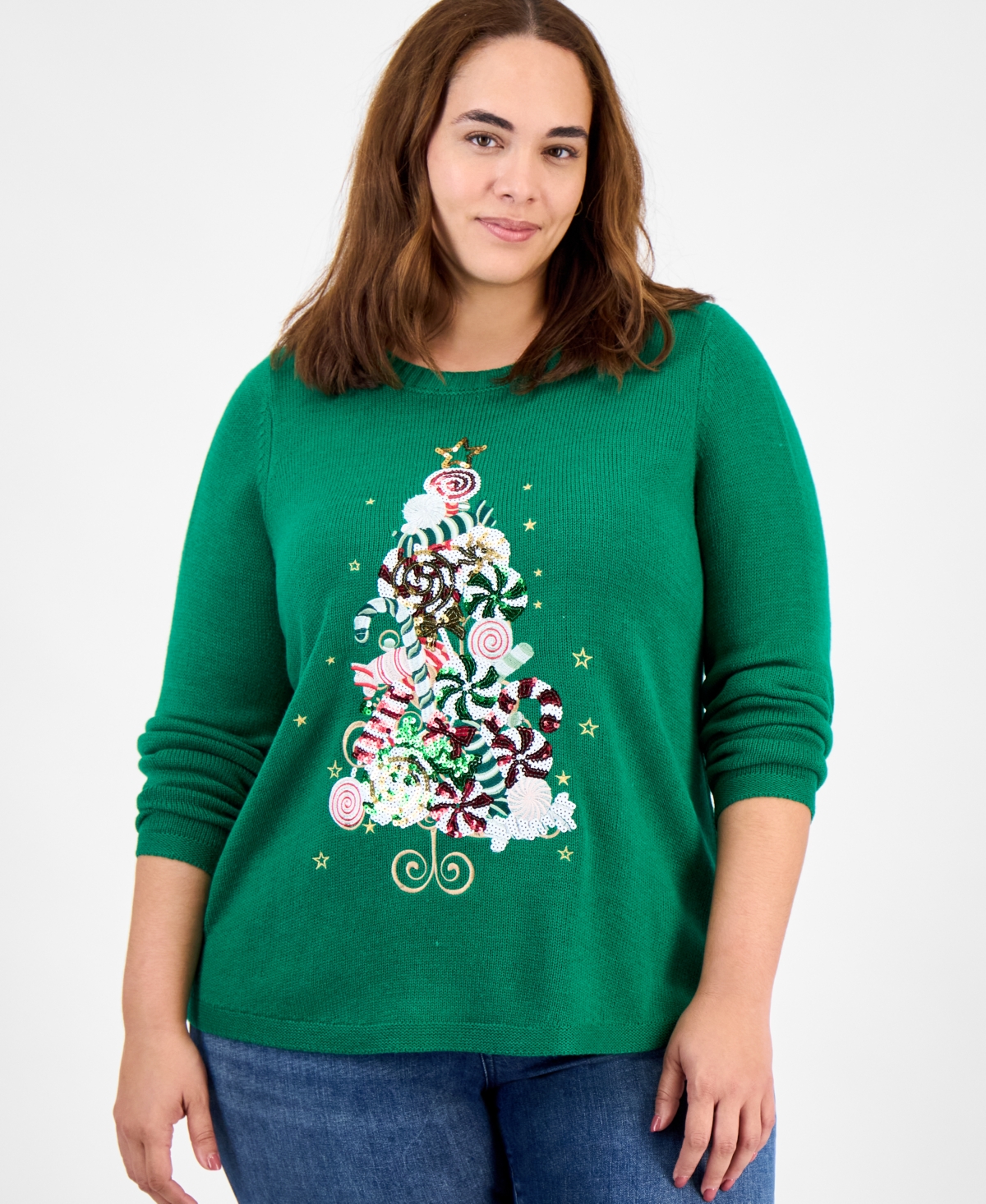 Holiday Lane Plus Size Candy-tree Crewneck Sweater In Green