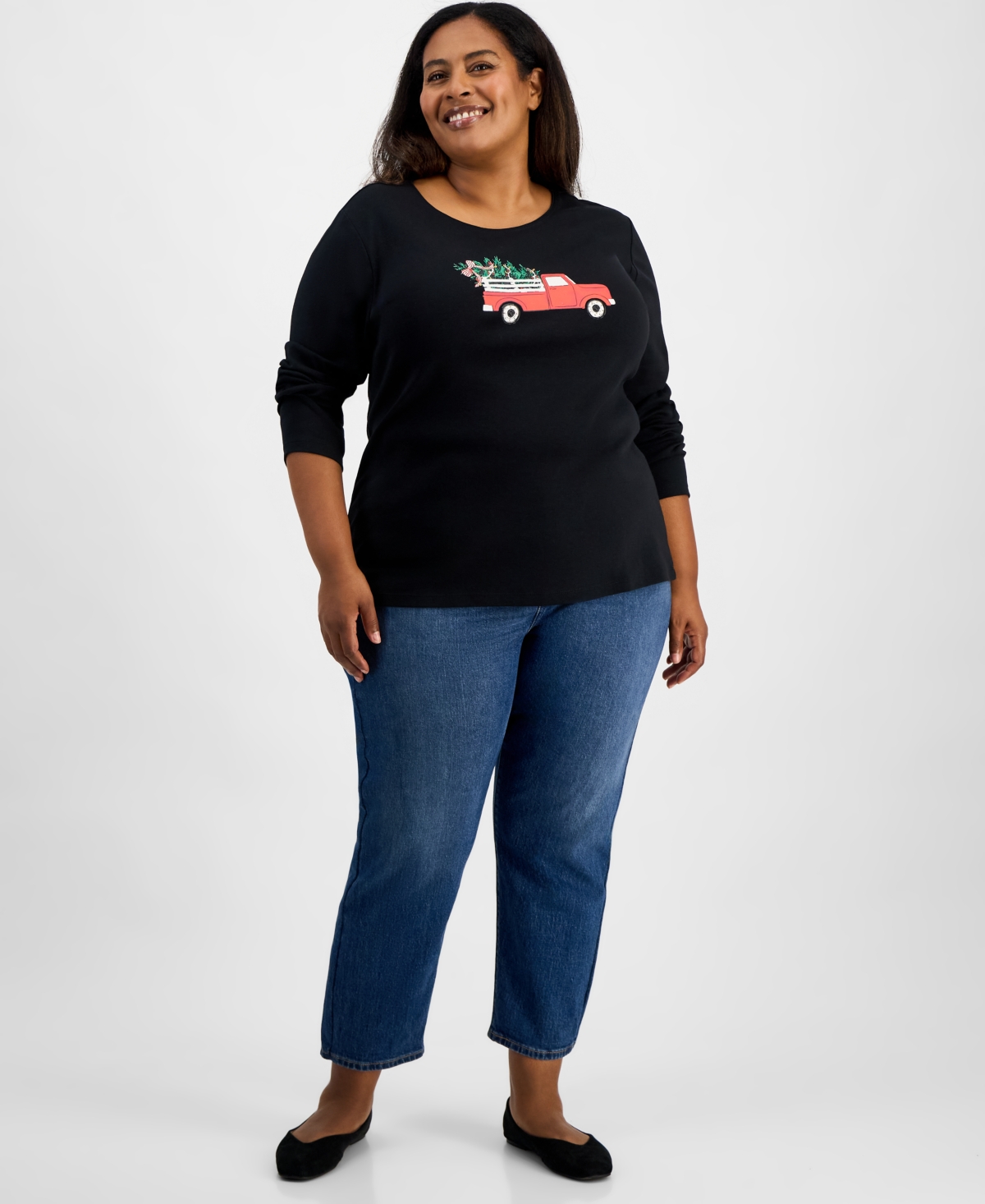 Holiday Lane Plus Size Holiday Truck Long-sleeve T-shirt, Macy's Exclusive In Black