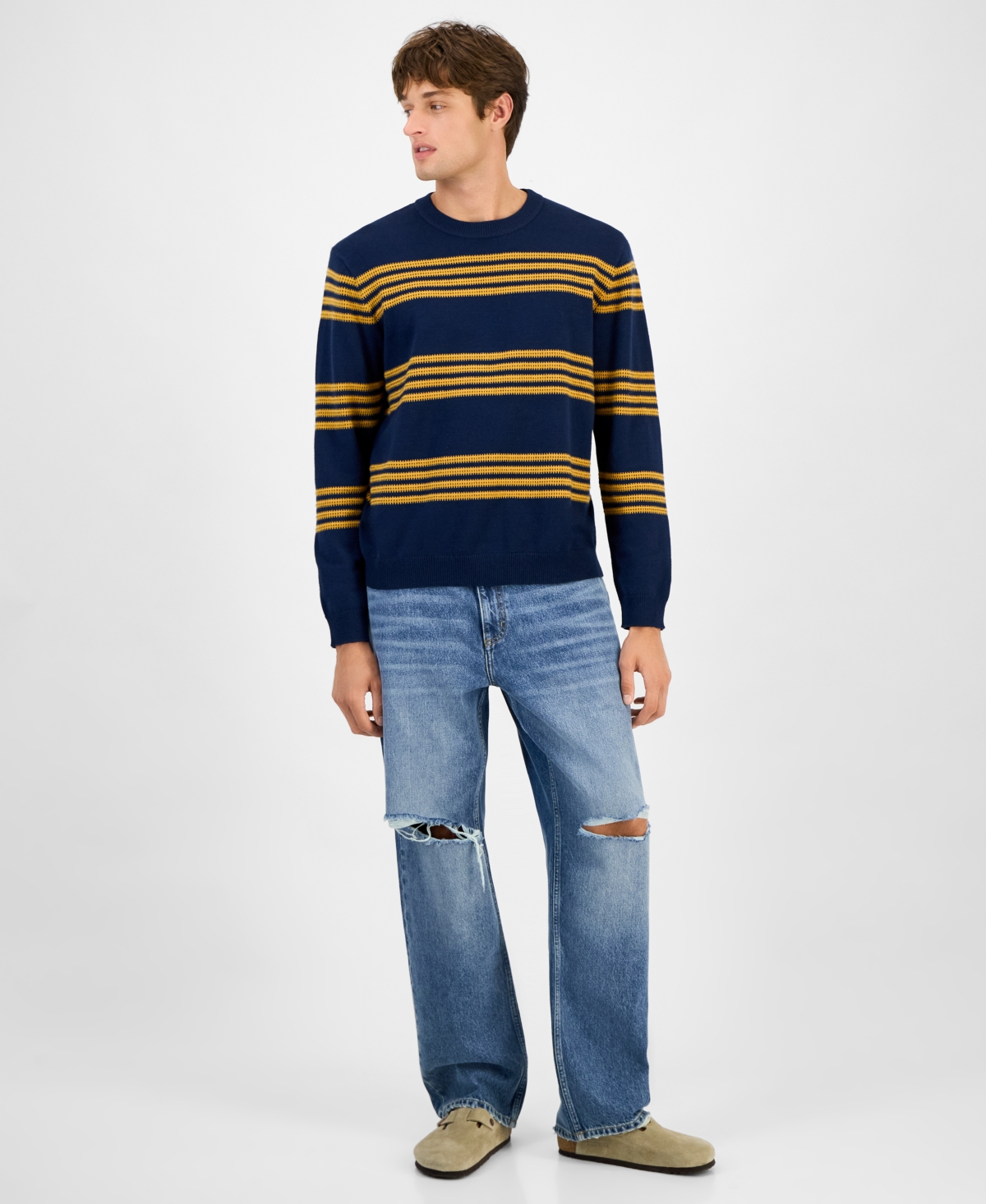 Sun + Stone Men's Striped Crewneck Sweater, Macy's Exclusive In Blue
