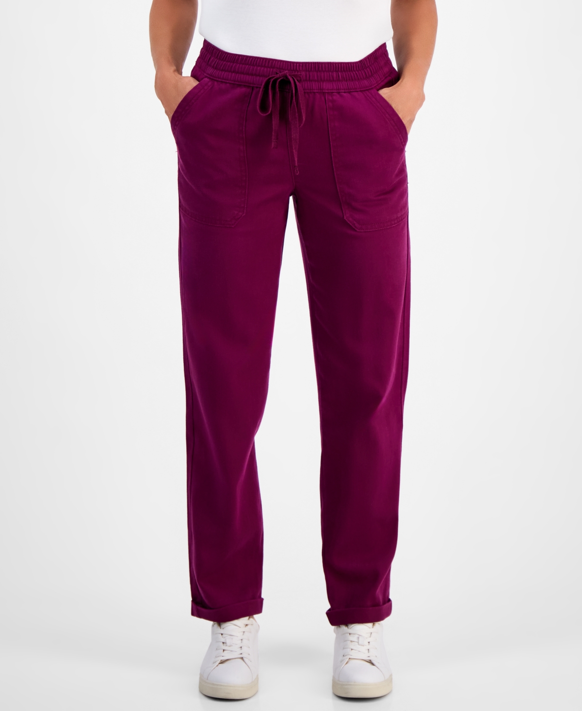 Style & Co Petite Drawstring-waist Tapered Utility Pants, Macy's Exclusive In Burgundy