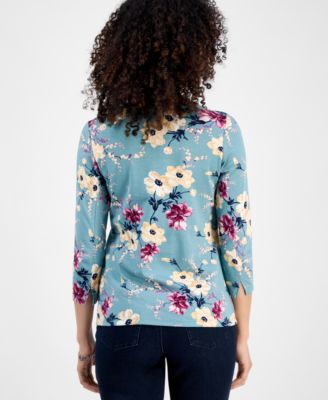 Petite Cotton Floral 3/4-Sleeve Boat-Neck Top, Macy's Exclusive