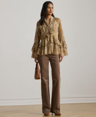 Women's Paisley Ruffle-Trim Tie-Neck Blouse