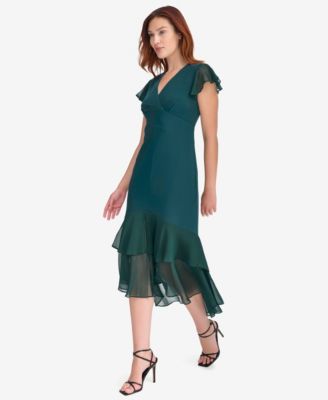  Women's V-Neck Chiffon-Trim Midi Dress with Flutter Sleeves