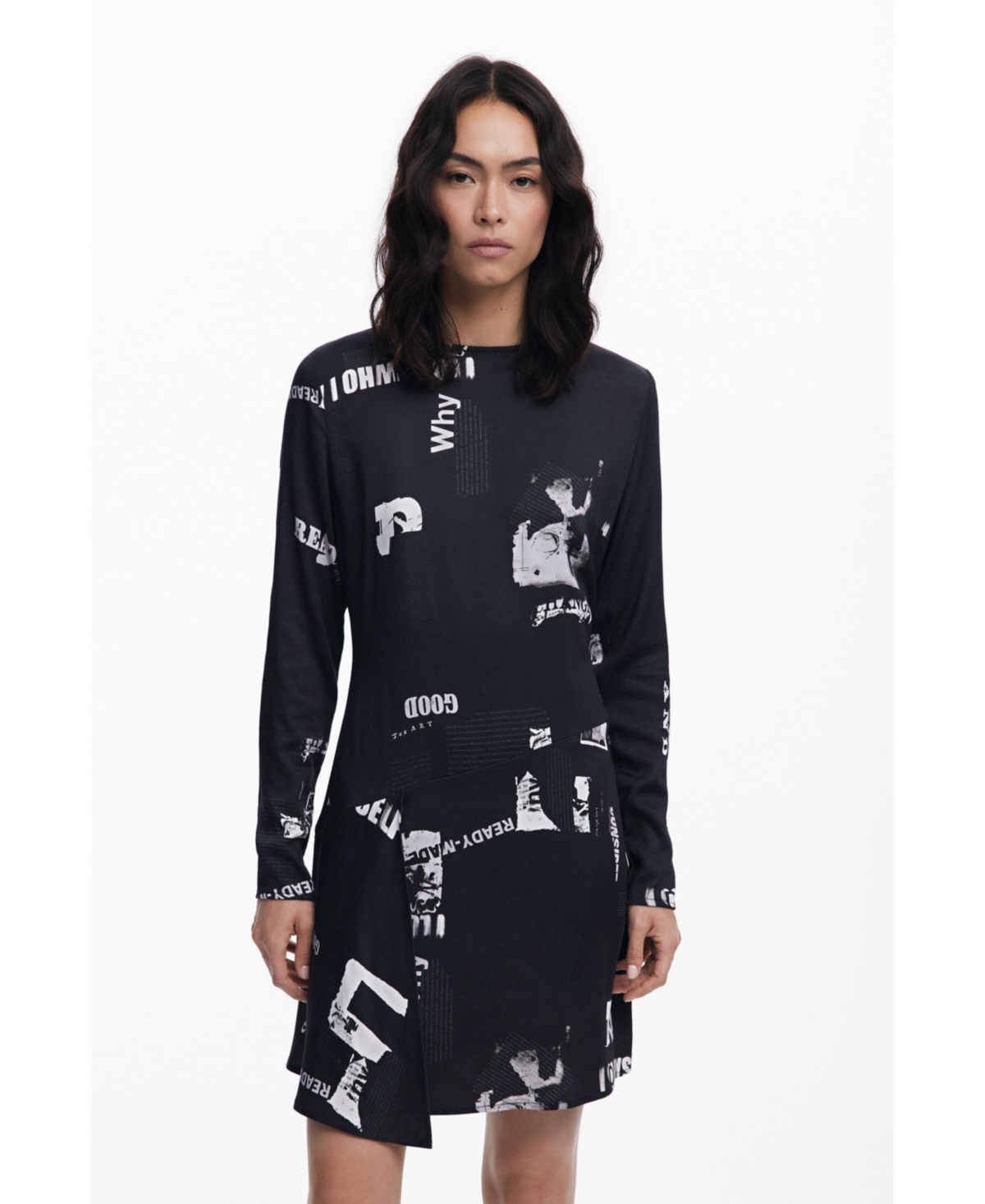 Desigual Newspaper Print Long Sleeve Dress In Black