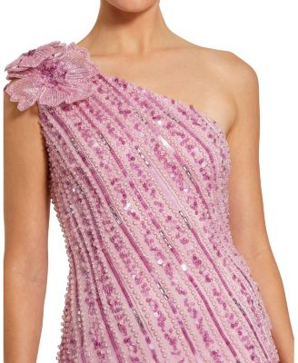 Women's One Shoulder Beaded Mesh Gown With Flower