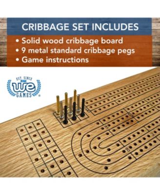 Classic Cribbage Set - Solid Wood Continuous 3 Track Board with Metal Pegs